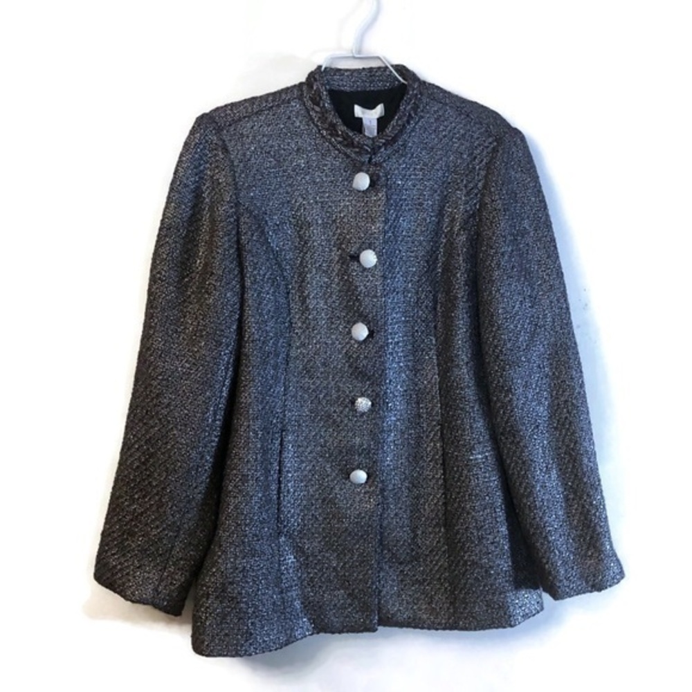 Chico’s NWT Womens Silver Metallic Tweed Blazer Jacket Sz 1